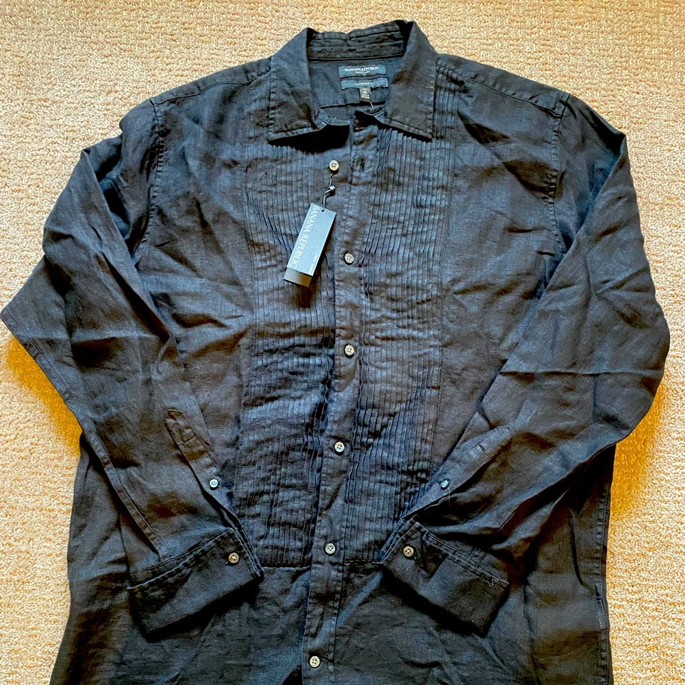 BANANA REPUBLIC LINEN TUXEDO SHIRT, Color: Black, Size: XL Tall